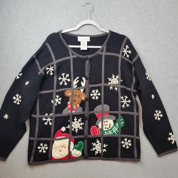 Vintage Mandal Bay Cardgan Womens XL Black Knit Santa Snowman Holiday Sweater - Picture 1 of 16